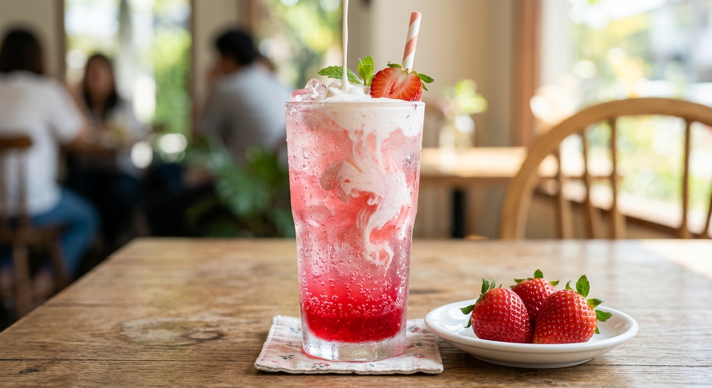 Italian soda with cream and strawberry over ice